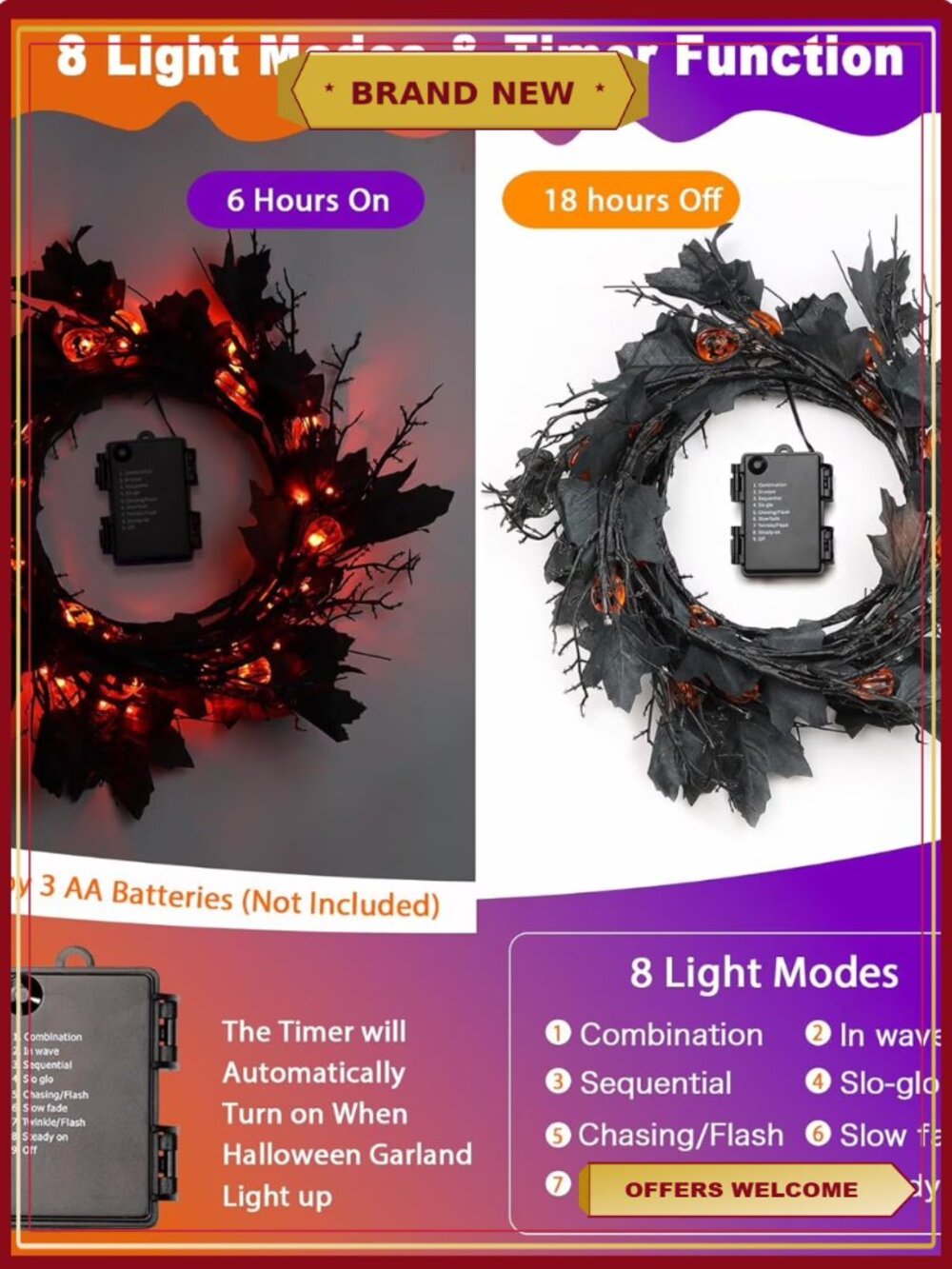 6FT Halloween Willow Vine Lights 54 LED 8 Modes Waterproof Battery Operated - Picture 6 of 6